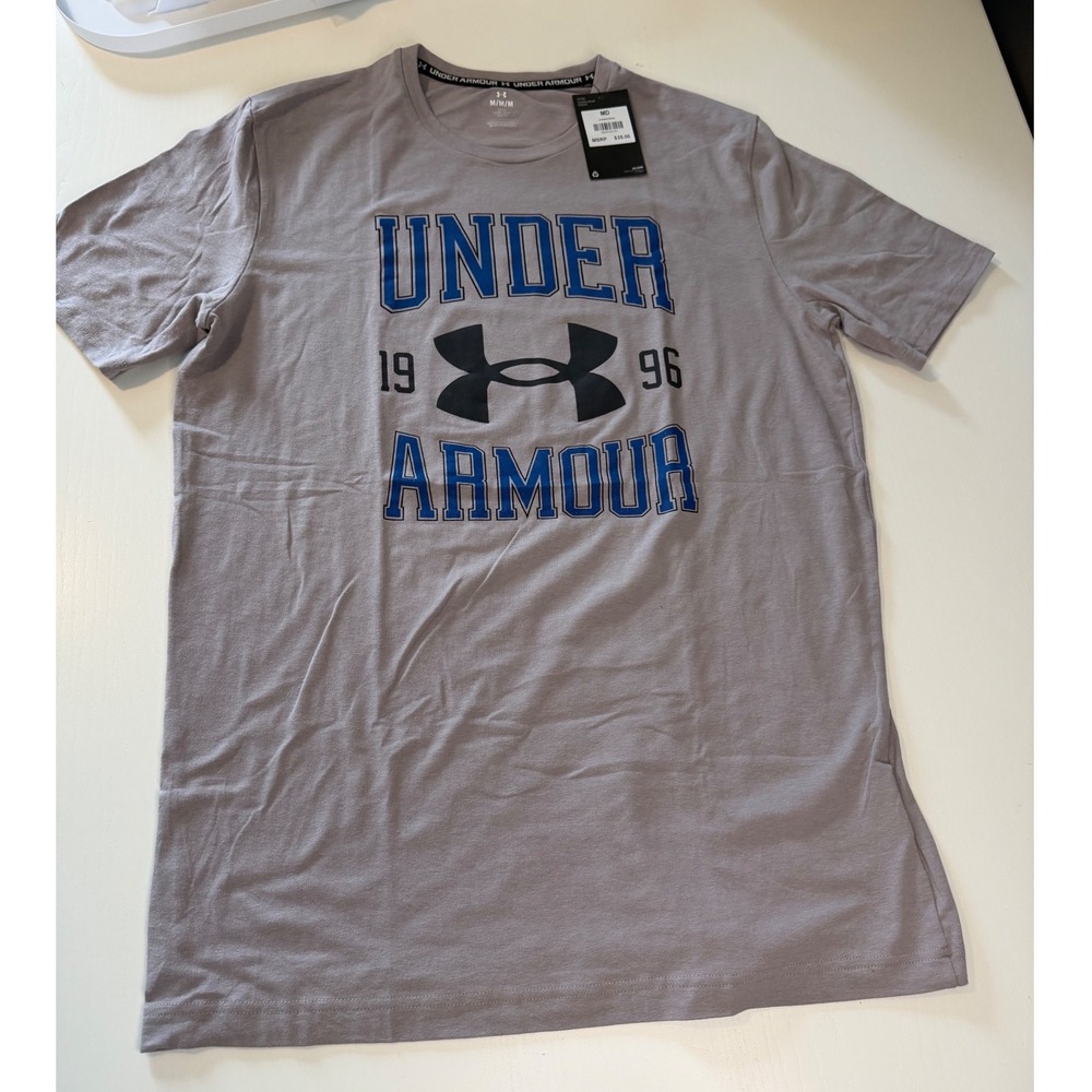 Under Armour Mens Grey Graphic T-Shirt Loose Fit Logo Tee 1996 Grey Blue MD NEW